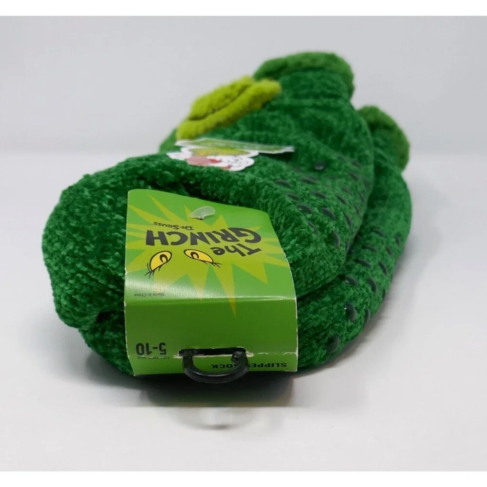 Bioworld Dr Seuss The Grinch Slipper Socks 3D Green Fuzzy Non-Slip Size 5-10 NEW